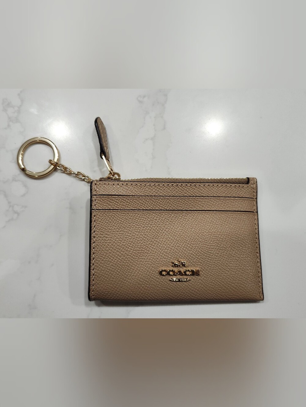 NWOT Authentic COACH Taupe Cross Grain Leather w/ Gold Mini Skinny Zip ID Wallet